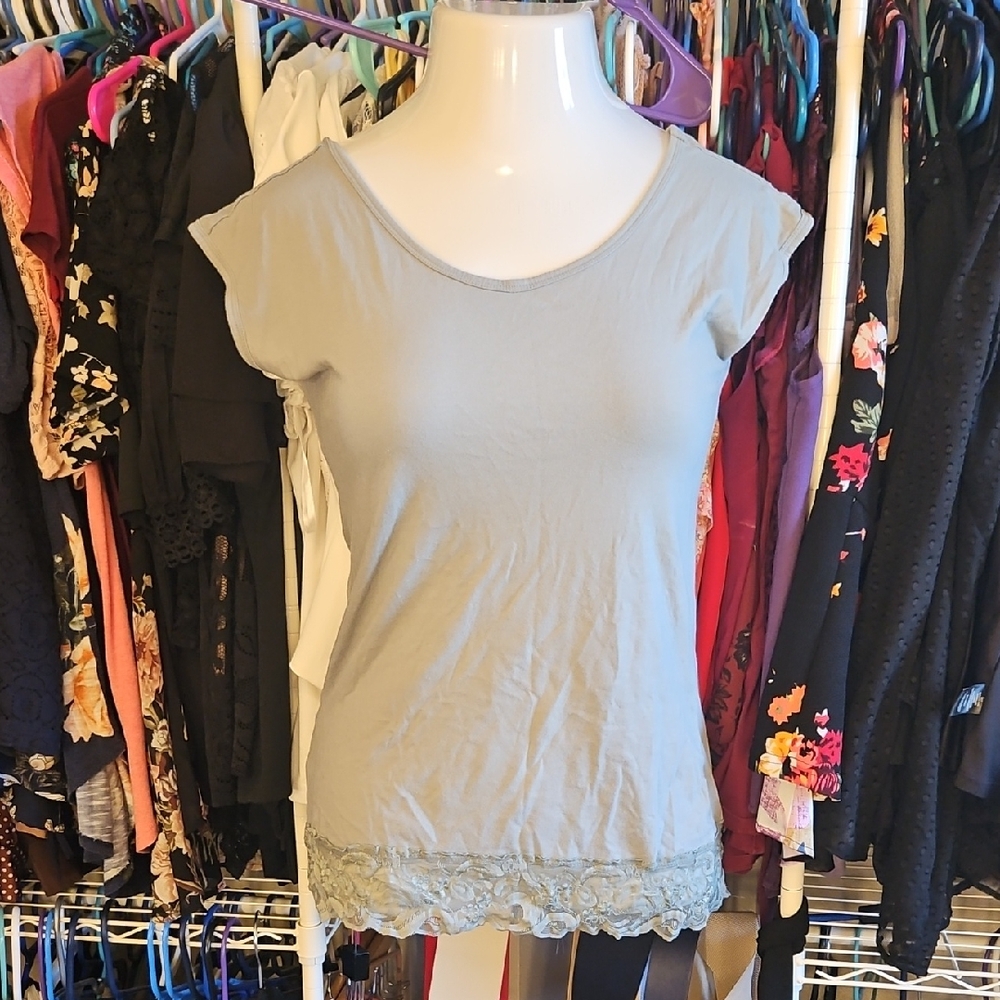 Women's Sage Green Lace Trim Top